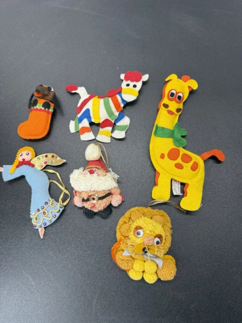 Christmas Ornaments Mixed Lot of 6 Vintage Handmade Felt Pom Pom Santa Animals